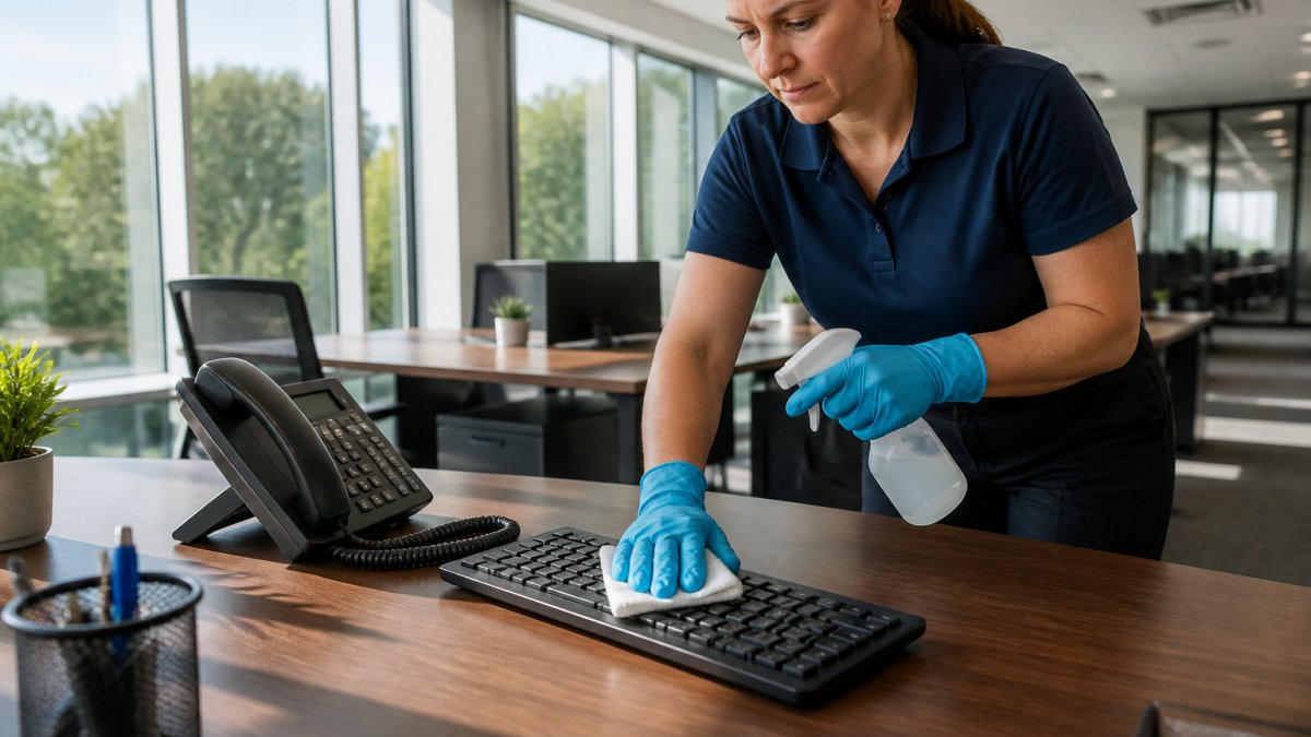 Professional cleaner using disinfectant spray on a keyboard for office disinfection in a sunlit workspace.