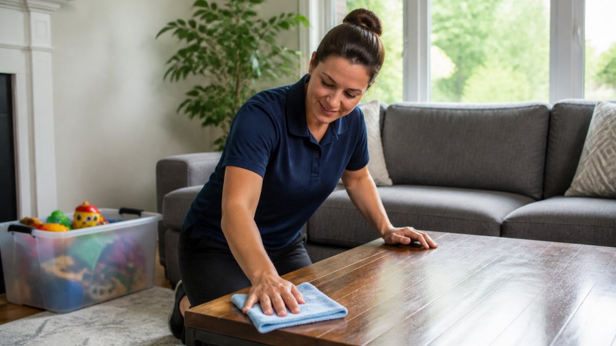 A professional house cleaner in a bright, tidy family living room wiping down a wooden coffee table, with a child's toy bin and a gray sofa in the background, natural daylight streaming through a large window
