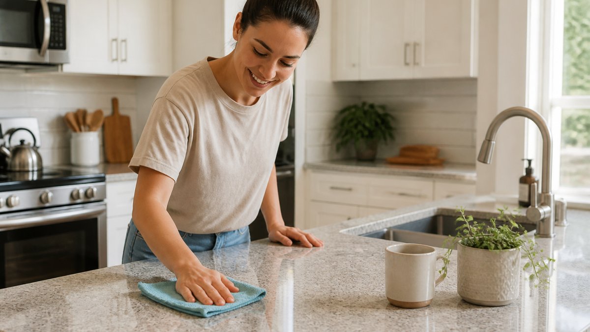 A person in casual clothes wiping a kitchen countertop with a microfiber cloth in a bright, tidy apartment kitchen, morning light coming through a window, coffee mug and small plant on the counter