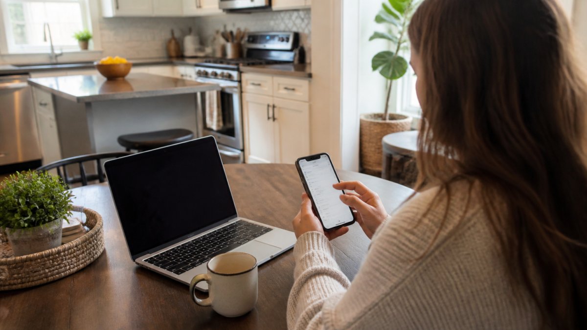 A person sitting at a kitchen table in a bright apartment, holding a smartphone and reviewing a cleaning service booking screen, with a laptop and coffee mug nearby