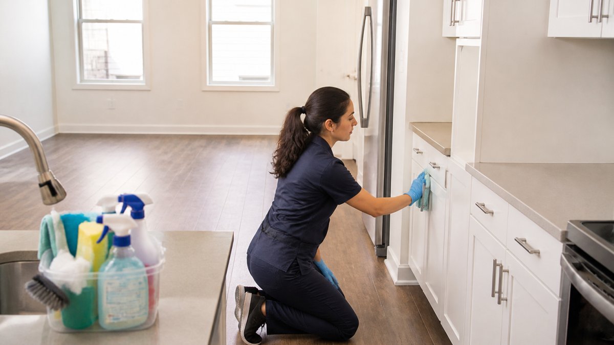 A professional cleaner in a bright, empty apartment wiping down kitchen cabinets and baseboards, with cleaning supplies visible on the counter