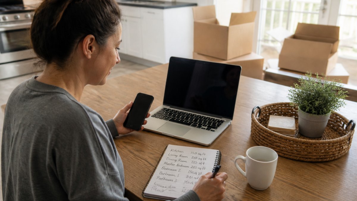 A homeowner at a kitchen table with a phone in hand, a notepad listing rooms and square footage, and a laptop open to a cleaning company's quote request form