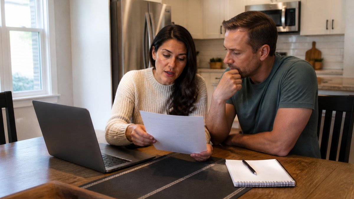 Two people reviewing a cleaning service estimate document at a kitchen table, with a laptop and notepad nearby, in a bright home setting