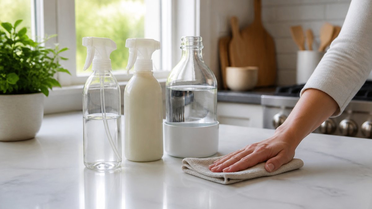 A close-up of a kitchen counter with several non-toxic cleaning products in spray bottles and a refillable glass container, a person's hand wiping the surface with a cloth, natural light from a window