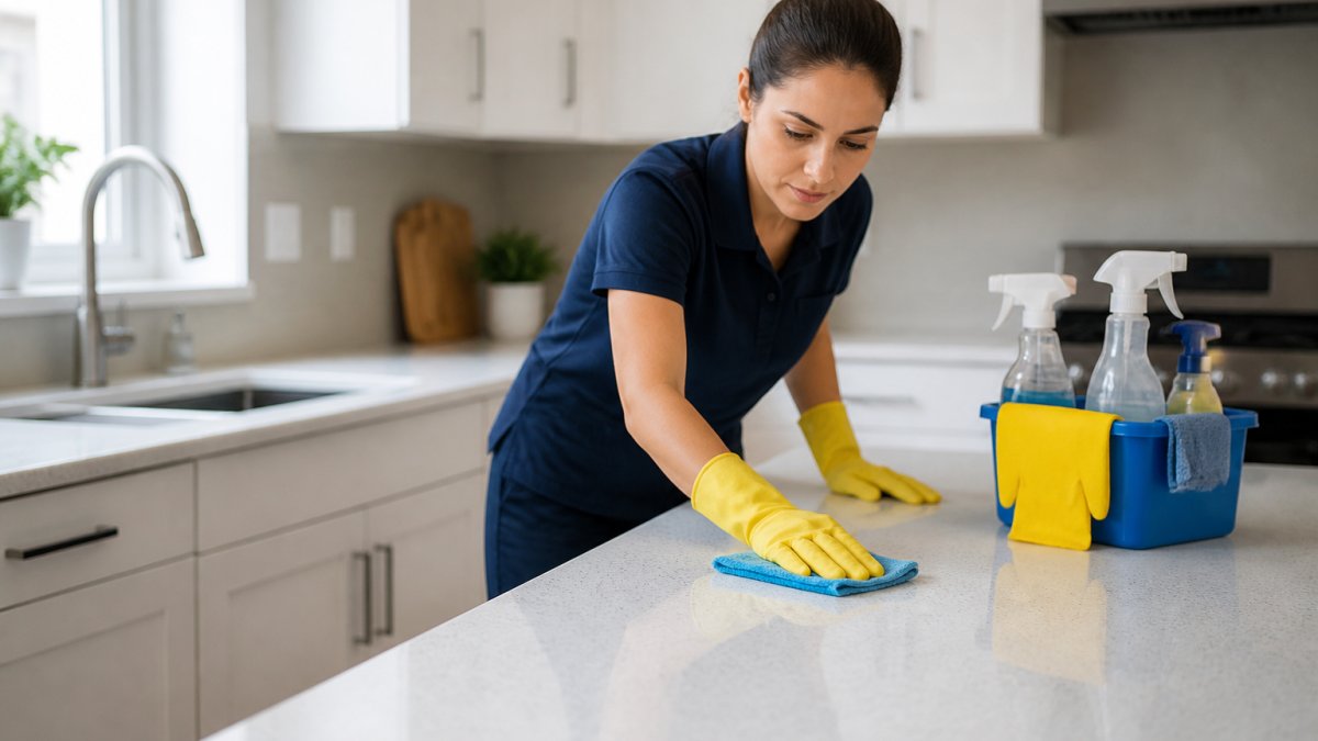 A professional cleaner in a bright kitchen wiping down countertops with cleaning supplies nearby, wearing a uniform and focused on the task