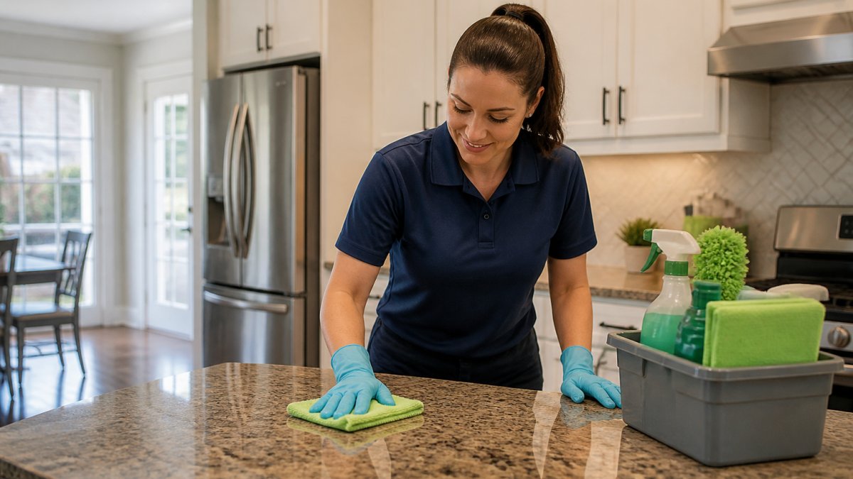 A professional cleaner in uniform wiping down a kitchen counter in a bright suburban home, with a caddy of green cleaning supplies nearby