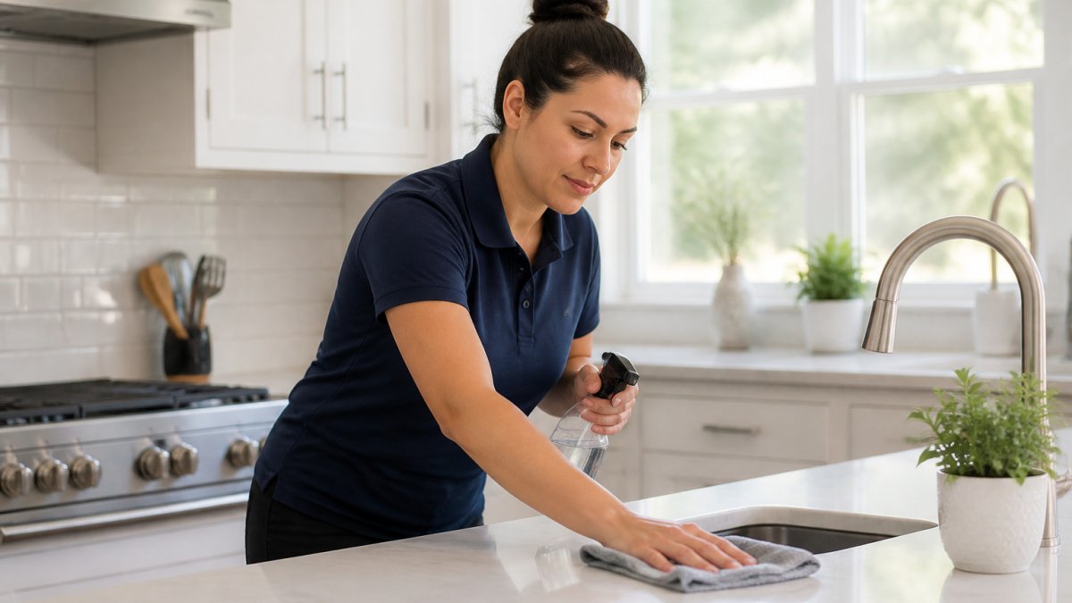 A professional cleaner in a modern kitchen wiping down countertops with natural light streaming through windows, showing careful attention to detail